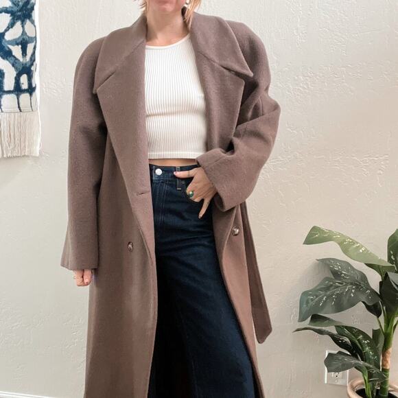 Vintage 1980's Taupe Wool Mohair Oversized Belted Trench Coat - Picture 6 of 12
